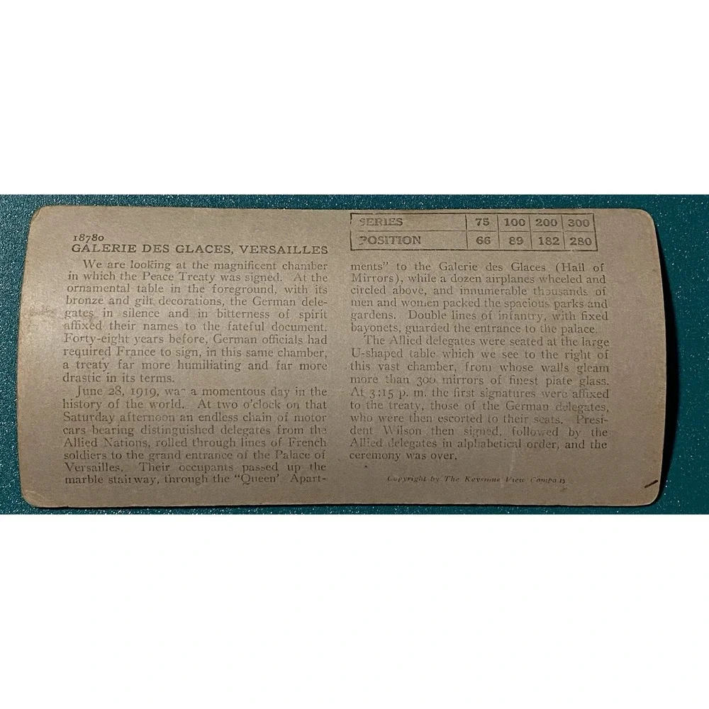 WWI, Table Where Peace Treaty Signed, Palace of Versailles, Keystone Stereoview